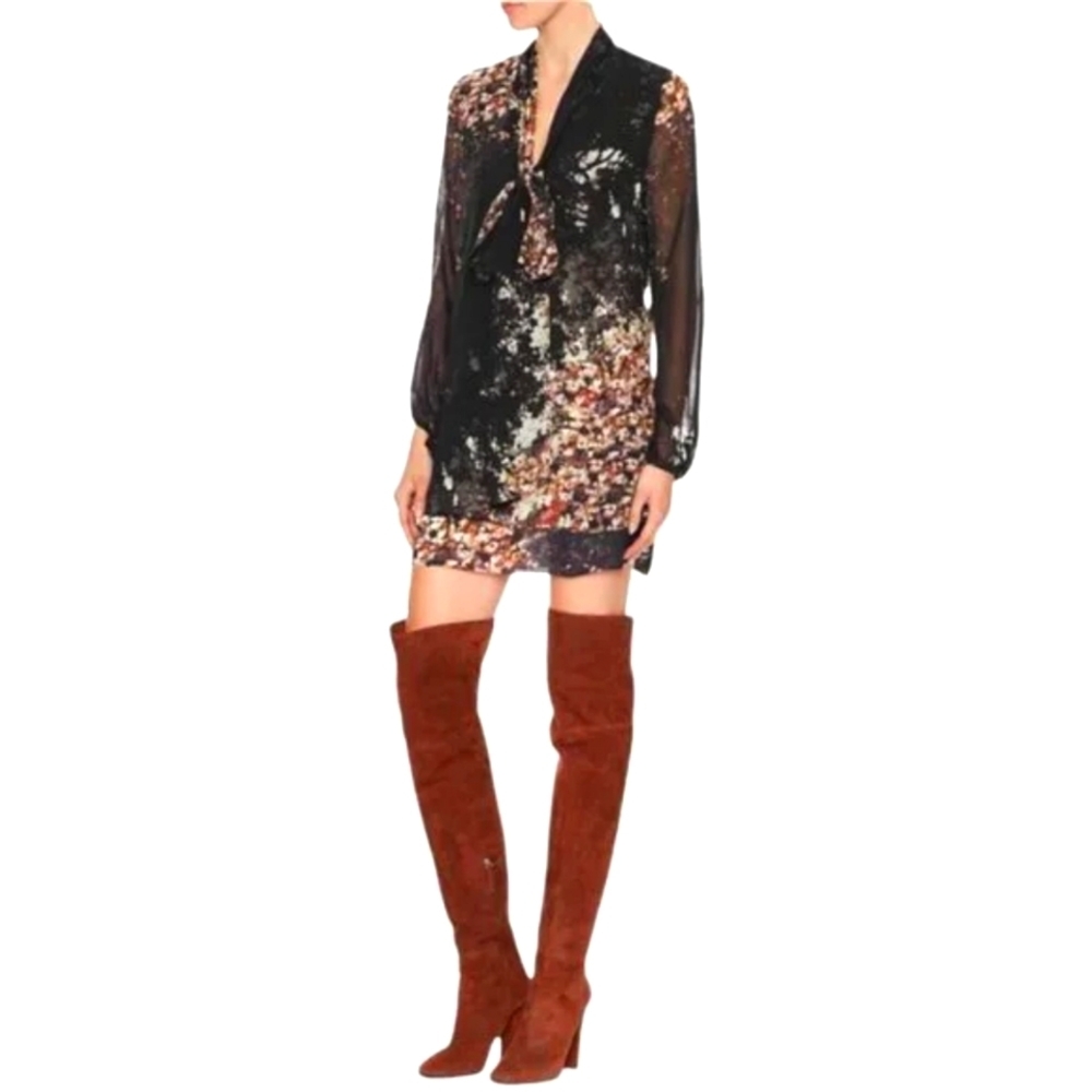 Intermix Tulare Silk Tie Neck Black Floral Mini Dress Sz S